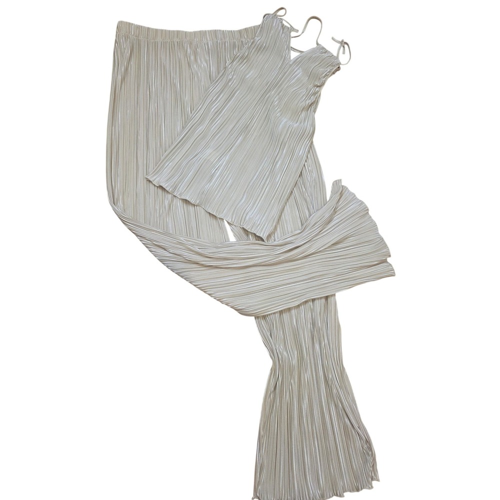 Champagne Gold Plisse 2 Piece Set Pleated Wide Leg Pants & Cami Top XL Metallic - Picture 2 of 5